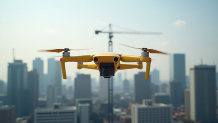 A yellow drone flies over the city