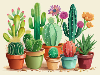 Collection of various cacti and succulents in terracotta pots