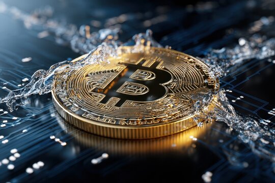 Bitcoin coin surrounded by splashes of water on a digital background at night