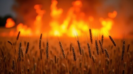 ears of wheat against the background of a burning field