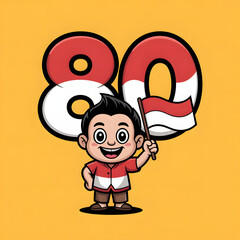 Naklejka premium Cheerful Indonesian Boy Cartoon with Flag and 80 Years Typography