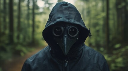 Person in plague doctor mask and hooded cloak standing in a blurred green forest setting outdoors
