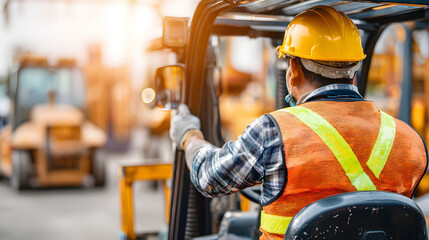 Forklift Operator in Safety Gear at a Busy Construction Site