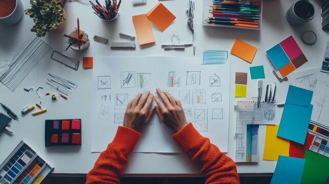 Overhead view of a graphic designer's desk with hands working on sketches, surrounded by colorful stationery, digital tablet, and creative tools