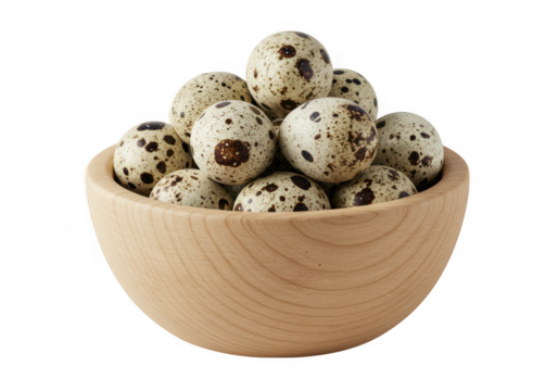 A wooden bowl filled with speckled quail eggs isolated on transparent background