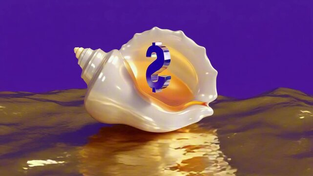 A glowing conch shell with a crystalline dollar sign ($) slowly spinning inside, ocean waves made of glittering gold washing underneath, high-def macro fantasy, NFT treasure loop