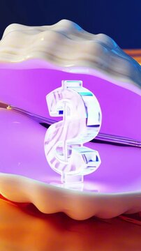 vertical 9:16 A glowing conch shell with a crystalline dollar sign ($) slowly spinning inside, ocean waves made of glittering gold washing underneath, high-def macro fantasy, NFT treasure loop