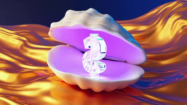 A glowing conch shell with a crystalline dollar sign ($) slowly spinning inside, ocean waves made of glittering gold washing underneath, high-def macro fantasy, NFT treasure loop