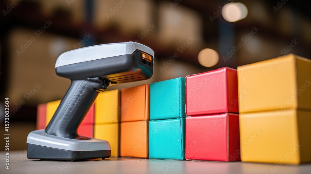 Poster barcode scanner next to colorful boxes in a warehouse setting, emphasizing inventory management and 