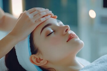 Close-up of woman receiving facial massage in spa. Eyes closed, serene expression. Gloved hands gently touching face. Soft lighting. Smooth skin. Beauty treatment. Relaxation and wellness. Banner