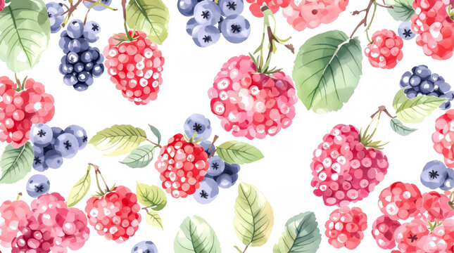 Watercolor pattern featuring raspberries white background	