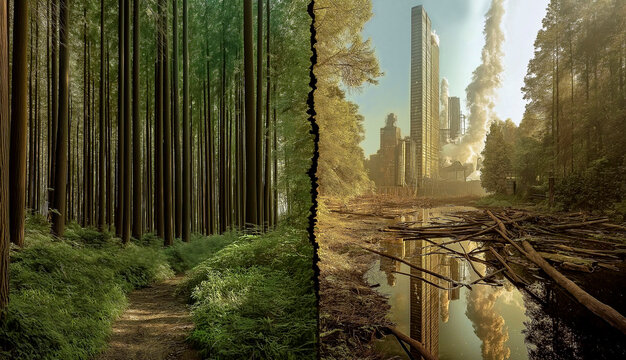 Ecology. Contrast between untouched natural forest and polluted industrial landscape. Illustration of the impact of human industrial activity on nature. Environmental Pollution &ndash; Generative AI