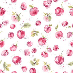 Watercolor pattern red cherries on white background seamless vector pattern