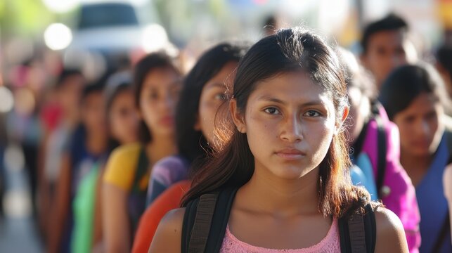 Focused Young Woman in Immigration Line Waiting for Visa Review