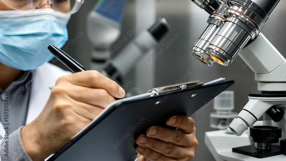 Aufkleber researcher analyzes samples in laboratory while documenting findings with a clipboard and microscope