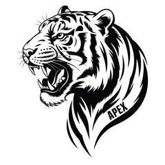 Fototapeta premium Roaring tiger head in bold black and white vector with intense eyes and detailed fur showcasing apex strength and primal power