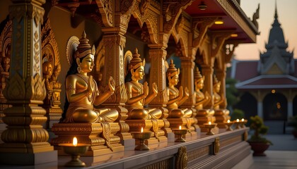 Fototapeta premium Temple-style mandap with golden statues, oil lamps, and sacred cow motifs