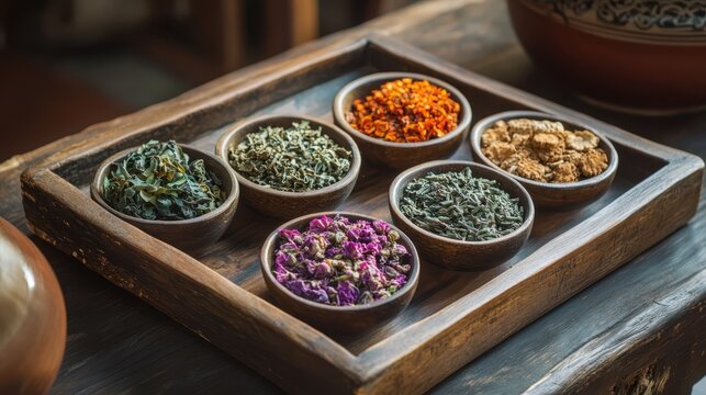 Neatly Arranged Herbs on Wooden Tray for Traditional Medicine Use