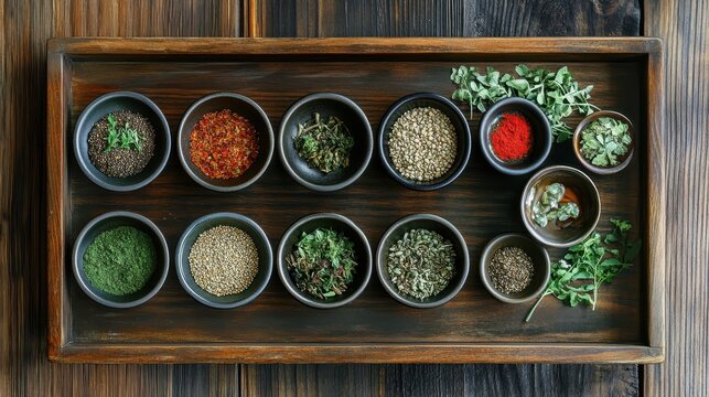 Neatly Arranged Herbs on Wooden Tray for Natural Health Remedies