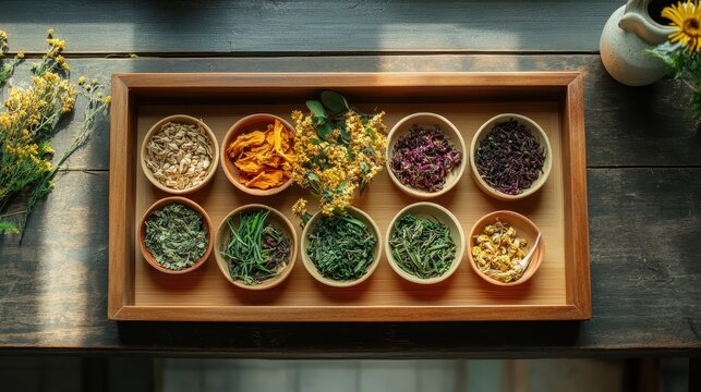 Neatly Arranged Herbs on Wooden Tray for Traditional Medicine Use
