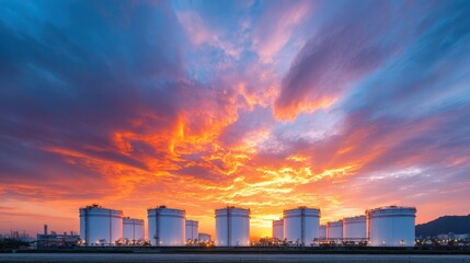 Obraz premium Stunning sunset over industrial storage tanks, with vibrant colors filling the sky, creating a dramatic and picturesque scene.