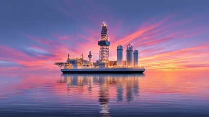 Obraz premium A vibrant sunset reflects off water, showcasing an oil rig and modern buildings, creating a striking industrial skyline.