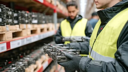 A drone logistics warehouse lined with modular shelves, each compartment holding FPV drones with folded arms, as volunteers in gloves inspect propellers and wiring - Powered by Adobe