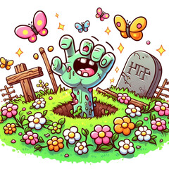 Cute Cartoon Zombie Hand Emerging from Grave with Flowers