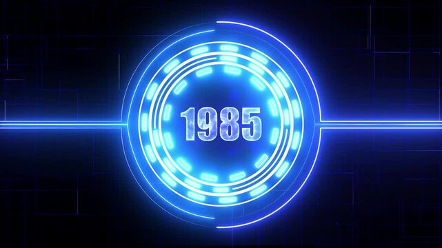 1985 text with screen effects of technological failures. Concept of counting years. Past year technology concept