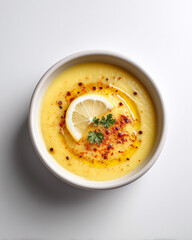 Creamy Turkish mercimek lentil soup topped with lemon slice, oil and chili flakes
