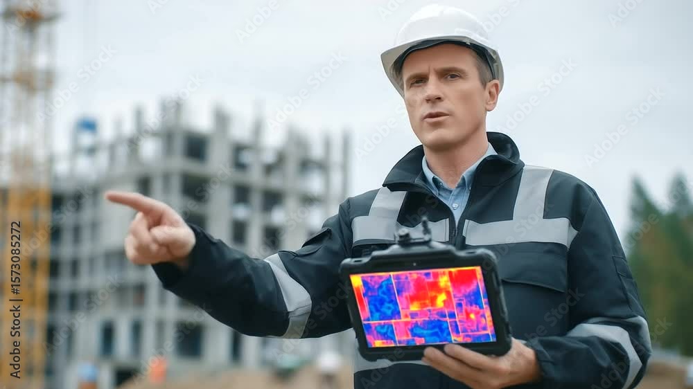Poster a dynamic scene showing a construction foreman reviewing thermal scans on a rugged tablet while poin