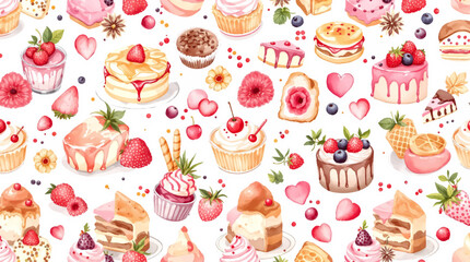Watercolor Sweet desserts pattern on white background
