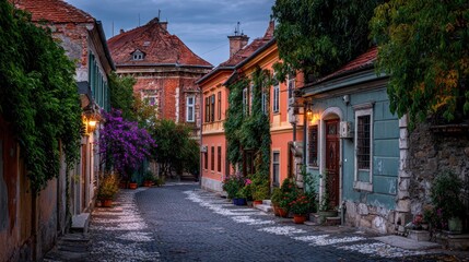 Fototapeta premium Cobblestone street in old town at dusk, colorful buildings and lush vegetation
