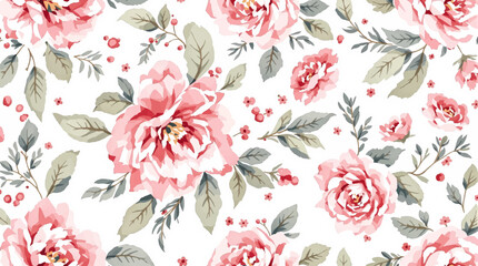 Watercolor floral seamless pattern with hand-painted blush pink flowers and green leaves on white background. Botanical print.	