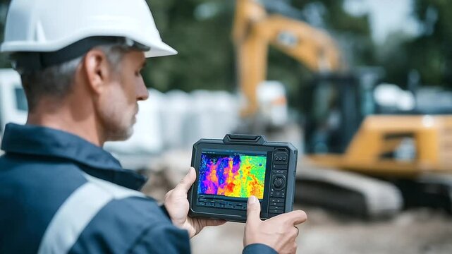 A focused shot of a worker&rsquo;s face reflected in the thermal imaging tablet screen, the infrared heat map showing energy efficiency data as construction machinery operates in the blu