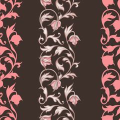 A seamless damask pattern on a rich brown background, featuring elegant vertical ribbons of light pink and faded white floral scrolls and bell-shaped flowers.