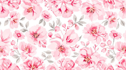 Watercolor floral seamless pattern with hand-painted blush pink flowers and green leaves on white background. Botanical print.	