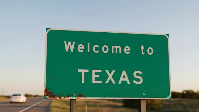 Rustic green sign welcoming travelers to texas on a quiet rural highway at sunset