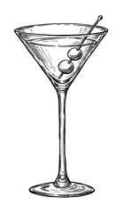 Sketch of a martini glass with olives on a white background, copy space