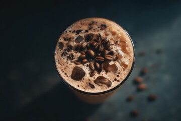 An overhead view of a glass of coffee with chocolate and coffee beans, creating a detailed scene. The image showcases a refreshing iced coffee beverage with a touch of sweetness and richness.