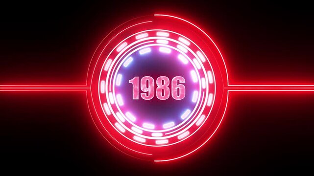 1986 text with screen effects of technological failures. Concept of counting years. Past year technology concept