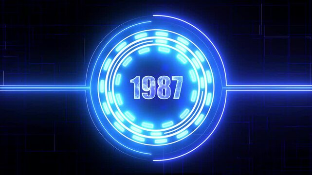 1987 text with screen effects of technological failures. Concept of counting years. Past year technology concept