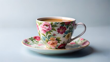 Fototapeta premium Elegant Floral Tea Cup and Saucer on Light Blue Background