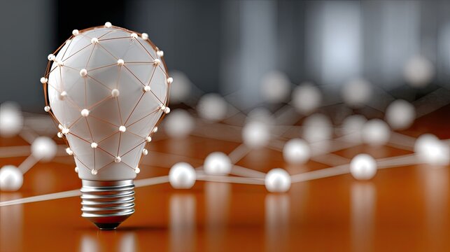 Glowing light bulb crafted from dots and lines represents endless creativity and innovation in technology against an orange backdrop