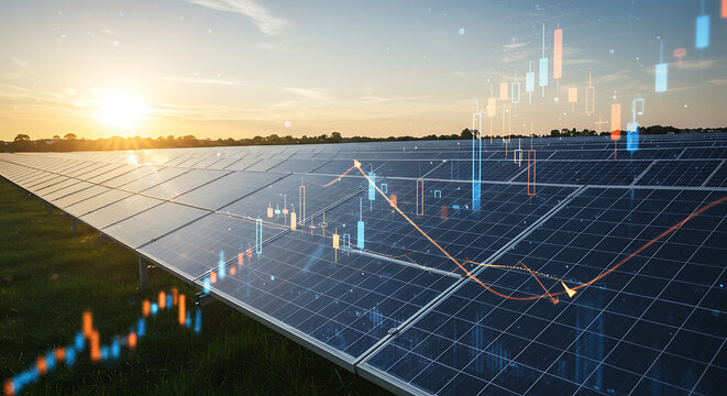 Solar Panel Farm Investment Growth with Candlestick Chart Overlay at Sunset for Sustainable Energy Future - Powered by Adobe