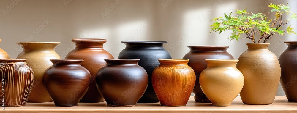 Poster minimalist display of several white vases arranged artistically on a smooth beige surface, illuminat