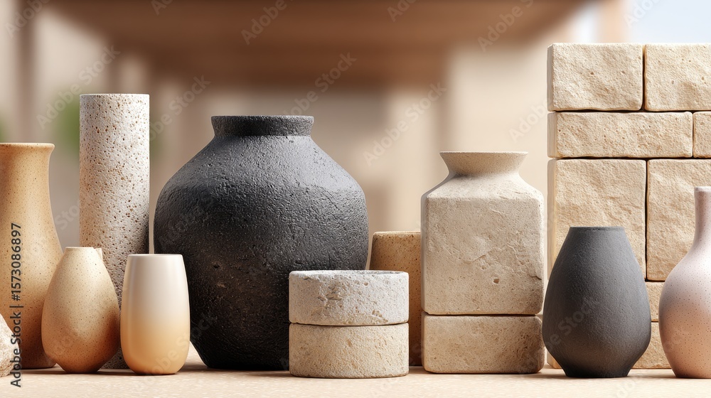 Poster minimalist display of several white vases arranged artistically on a smooth beige surface, illuminat
