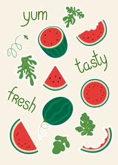 Cute printable sticker set with watermelon slices, whole fruits, leaves, and fun text like “yum,” “tasty,” and “fresh.” Ideal for summer designs, planners, packaging, and scrapbooking.