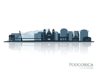 Podgorica skyline silhouette with reflection. Landscape Podgorica, Montenegro. Vector illustration.