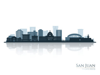 San Juan skyline silhouette with reflection. Landscape San Juan, Puerto Rico. Vector illustration.